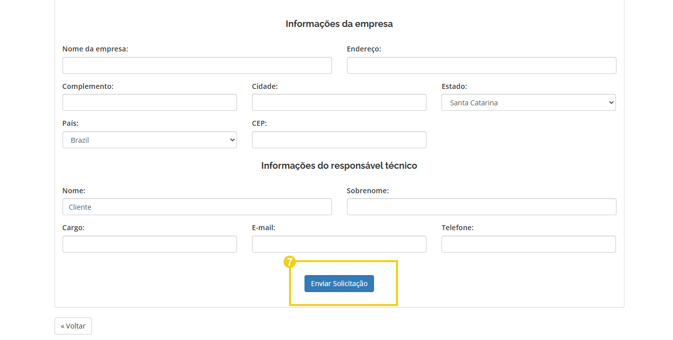 Imagem da tela de solicitação do certificado SSL, com o botão 'Enviar solicitação" destacado