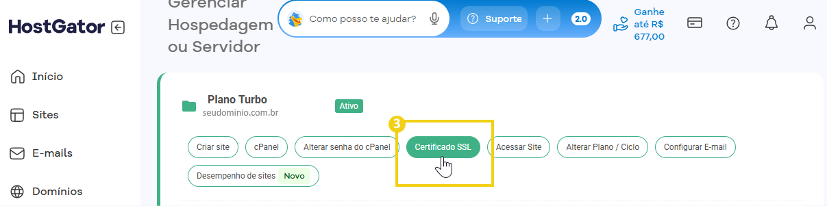 Imagem do Portal do Cliente, destacando botão Certificado SSL