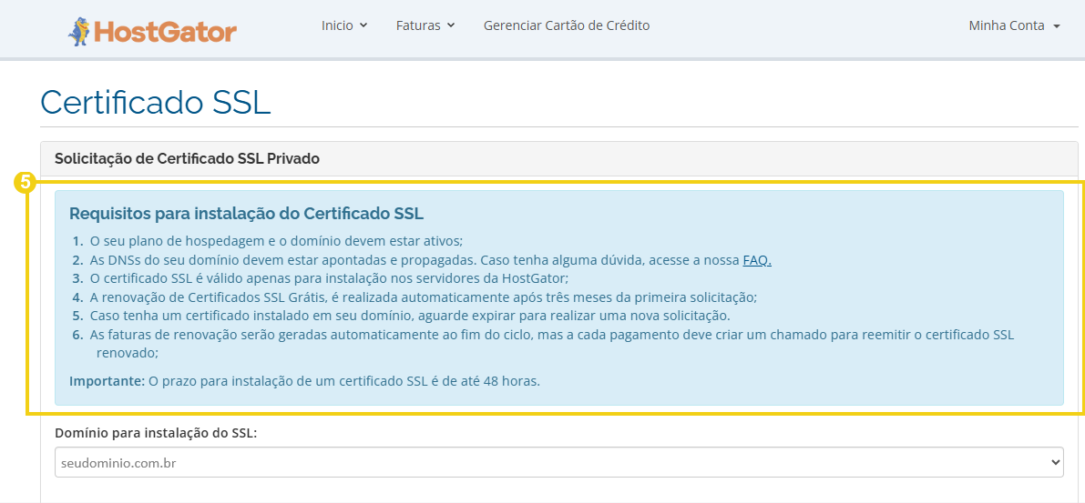 Imagem do formulário de solicitação do SSL, informando os requisitos da instalação