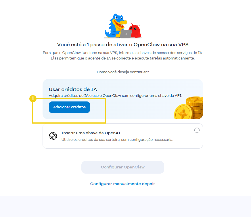 Imagem mostra a tela do Portal do Cliente quando acessado pela primeira vez a tela de gerenciamento em que há a oferta de contratação dos Créditos de IA