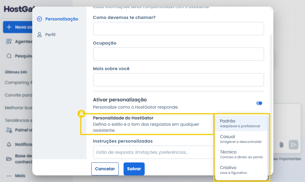 Imagem da área de personalização do AllPass, mostrando as opções de personalidade disponíveis - Padrão, Casual, Técnico e Criativo