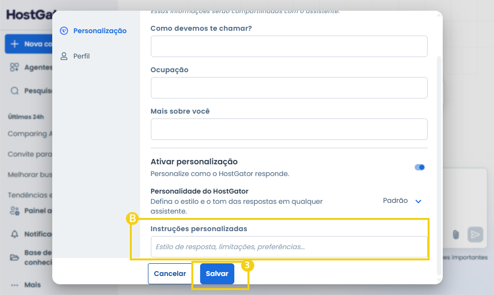Imagem do campo para inserção de instruções personalizada e do botão para salvar