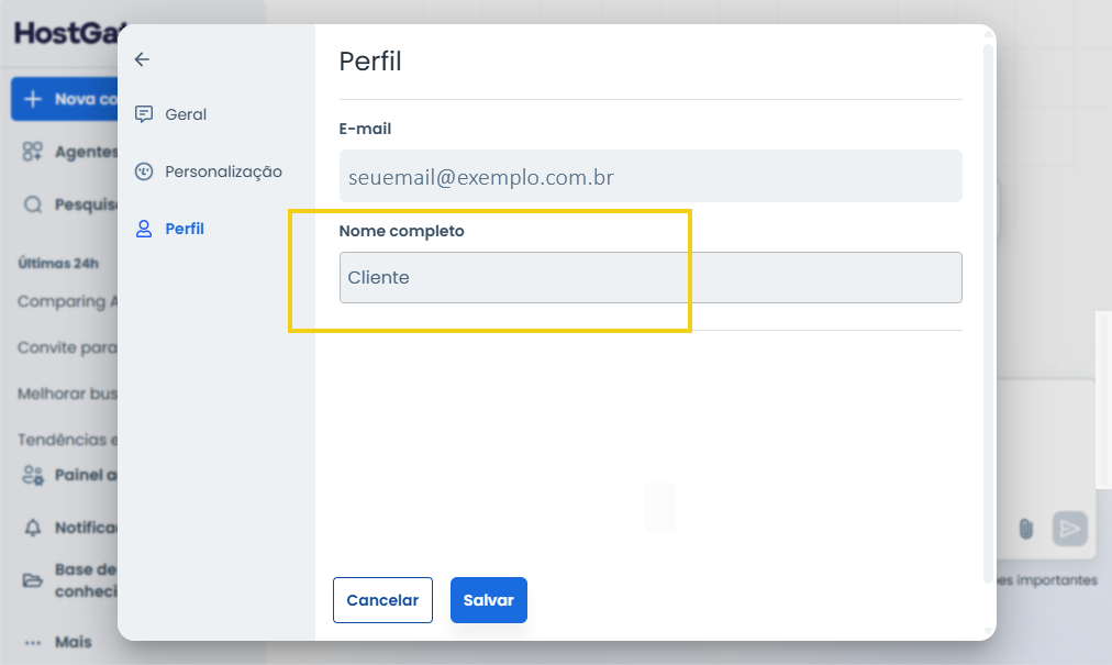 Imagem da tela "Perfil", do campo para inserção do nome no perfil do AllPass