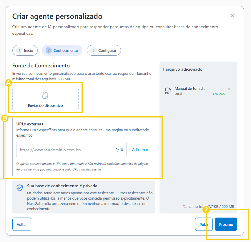 Imagem mostra a etapa 2: "Conhecimento" para adicionar arquivos ou URL de sites