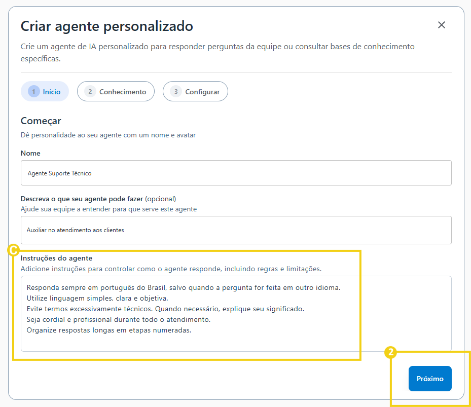 Imagem mostra o campo das instruções e a marcação no botão "Próximo" para prossguir