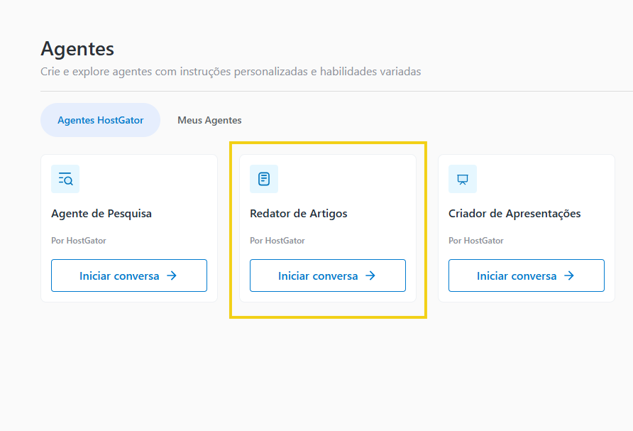 Imagem mostra a tela do painel do AllPass com a marcação no agente da HostGator "Redator de Artigos"