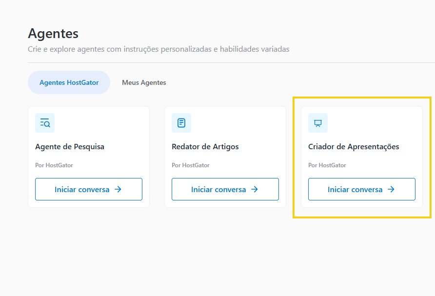 Imagem mostra a tela do painel do AllPass com a marcação no agente da HostGator "Criador de Apresentações"