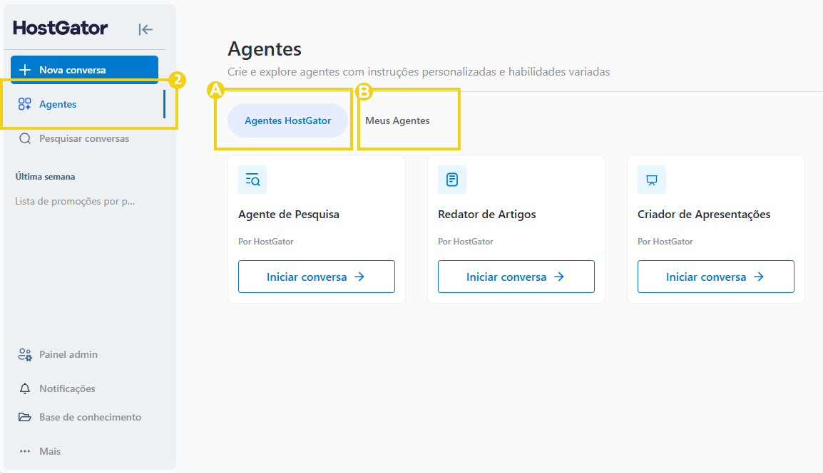 Imagem mostra a tela do painel do AllPass com o fluxo de acesso aos agentes da HostGator e os criados