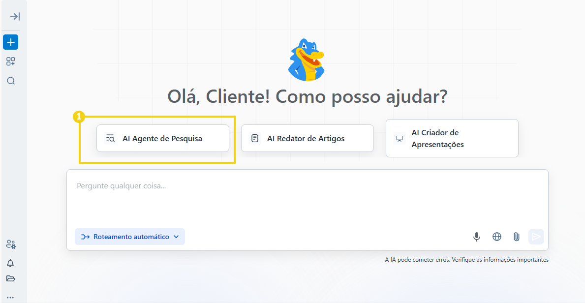 Imagem da tela inicial do AllPass, destacando opção "AI Agente de Pesquisa"