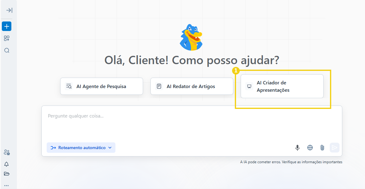 Imagem da tela inicial do AllPass, destacando opção "AI Criador de Apresentações"