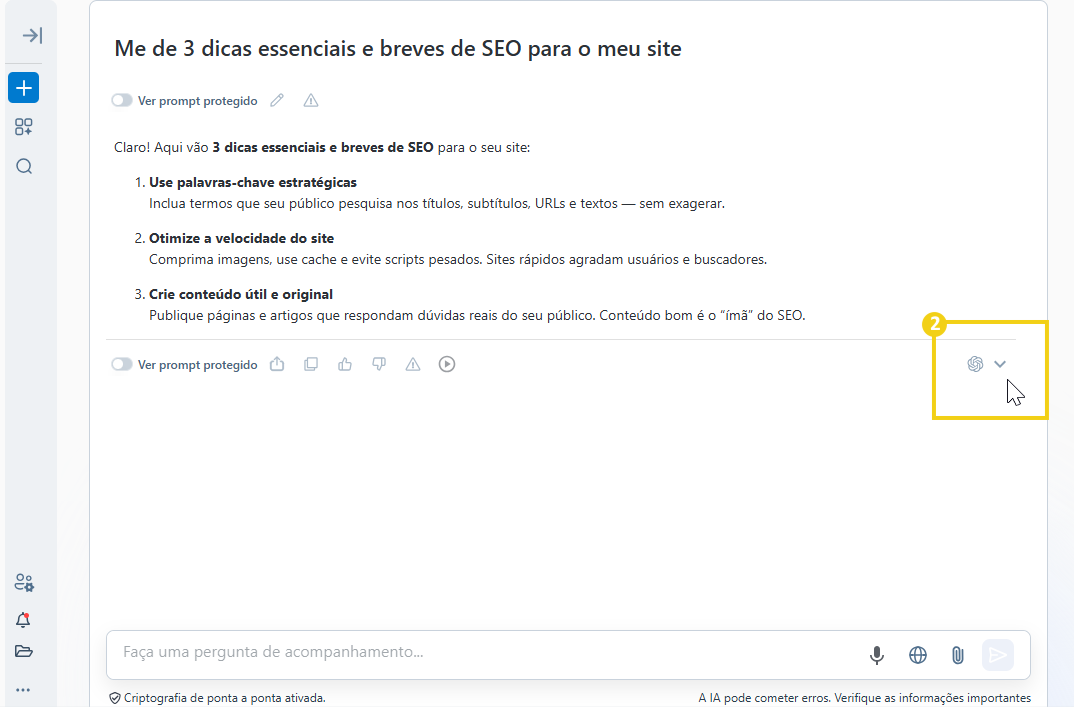 Imagem mostra ícone de seta que permite alternar entre modelos de inteligência artificial no AllPass