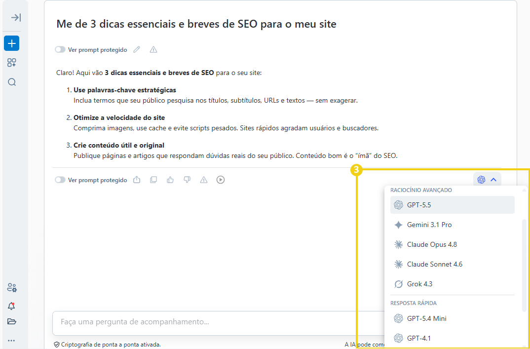 Imagem destacando as opções de LLMs disponíveis 
