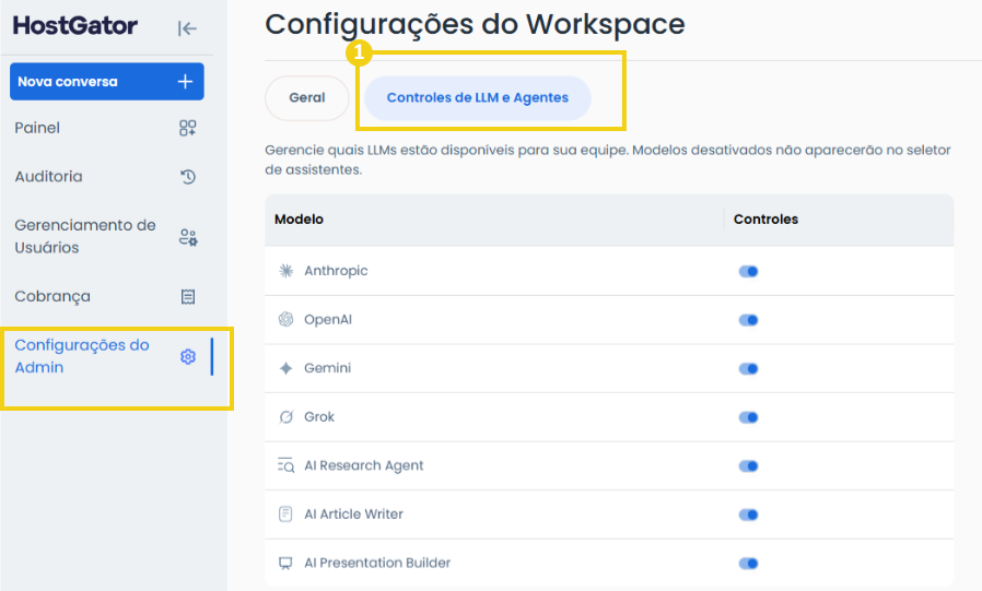 Imagem da área de configurações admin do AllPass, destacando opção controles de LLM e agentes