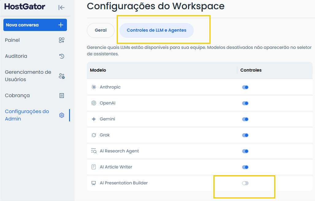 Imagem destaca ícone "cinza" ao mostrar função LLM desativada na ferramenta