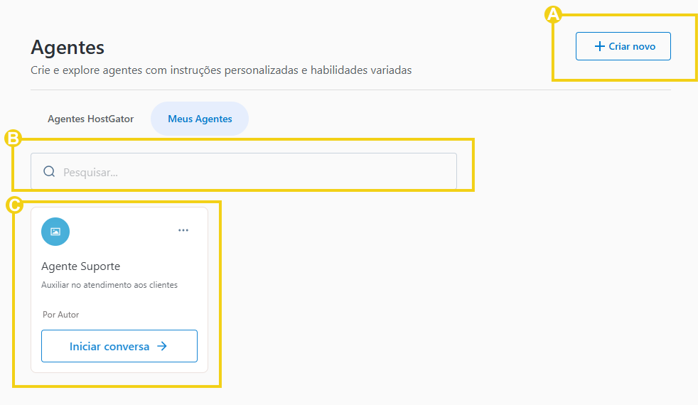 Imagem mostra a tela do painel do AllPass com a marcação nas opções para criar agente, pesquisar e no card de um agente criado