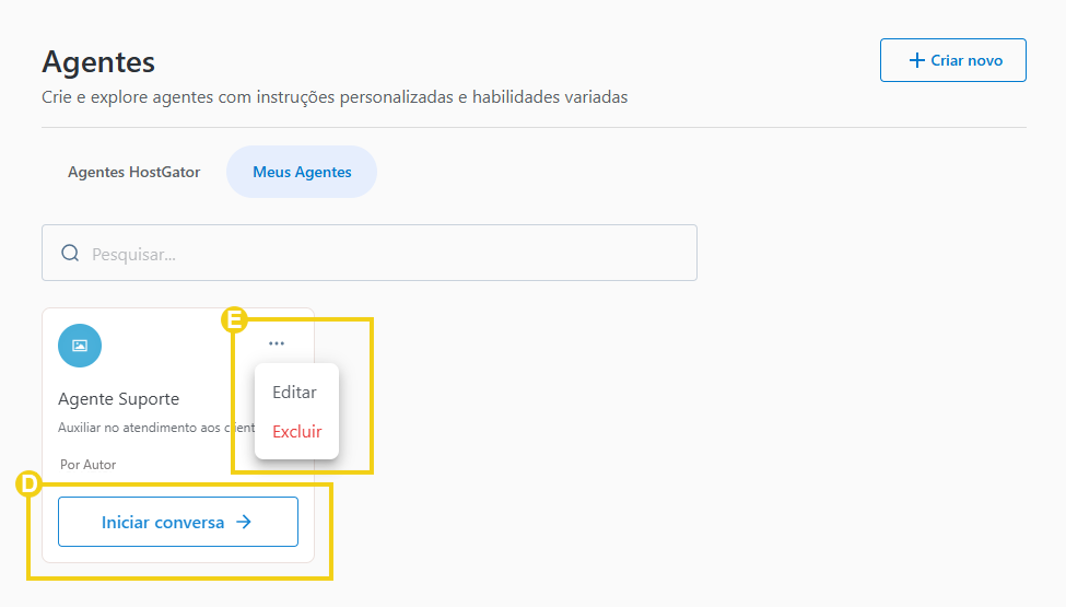 Imagem mostra a tela do painel do AllPass com a marcação no agente criado com as opções de editar e excluir o assistente