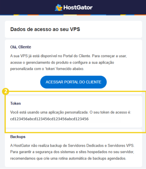 Imagem mostra o e-mail enviado pela HostGator com os dados de acesso do plano VPS