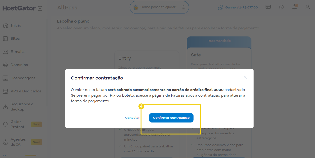 Imagem da tela de contratação do AllPass via Portal do Cliente
