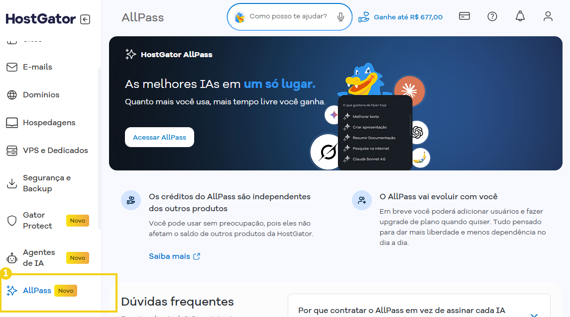 Imagem mostra o Portal do Cliente da HostGator, destacando menu lateral com a opção "AllPass"