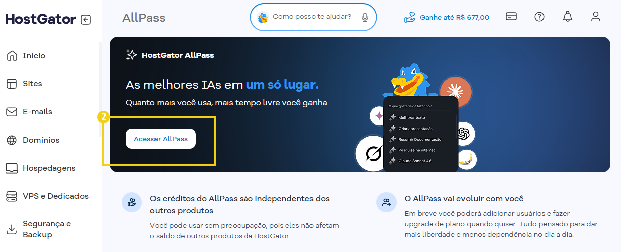 Imagem da tela HostGator AllPass, destacando botão Acessar AllPass
