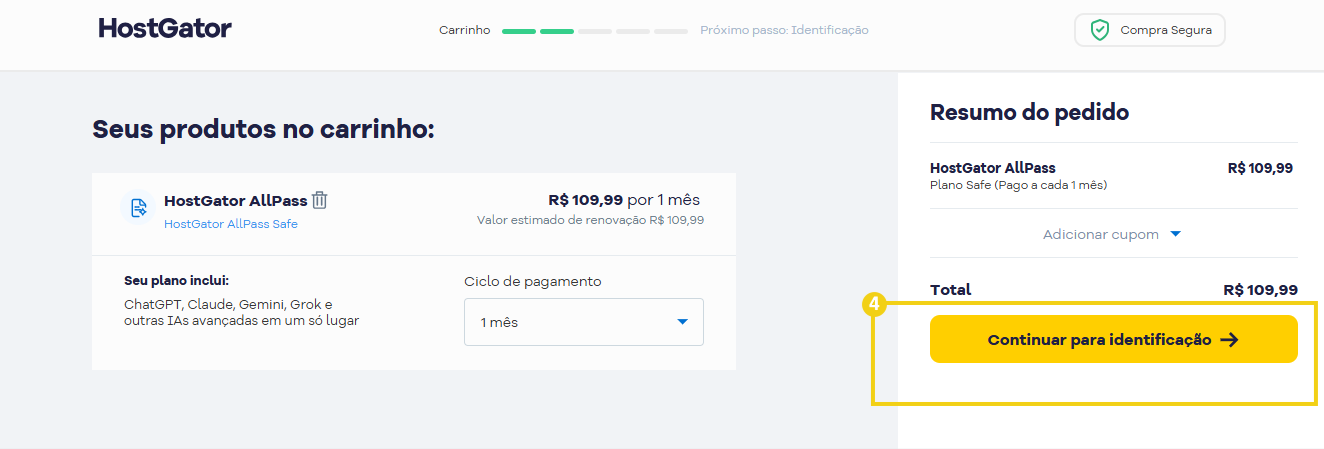 Imagem da tela de carrinho da HostGator
