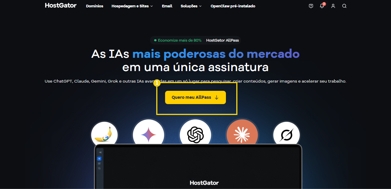 Imagem mostra site da HostGator, destacando página do produto AllPass
