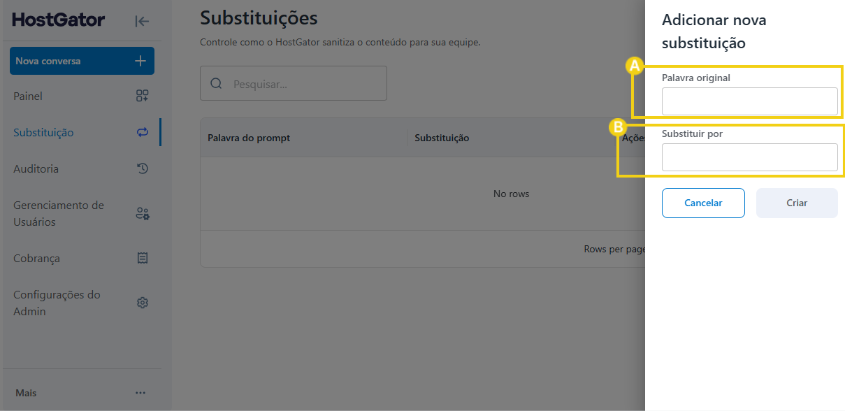 Imagem destaca os campos da configuração de substituição para gerenciamento