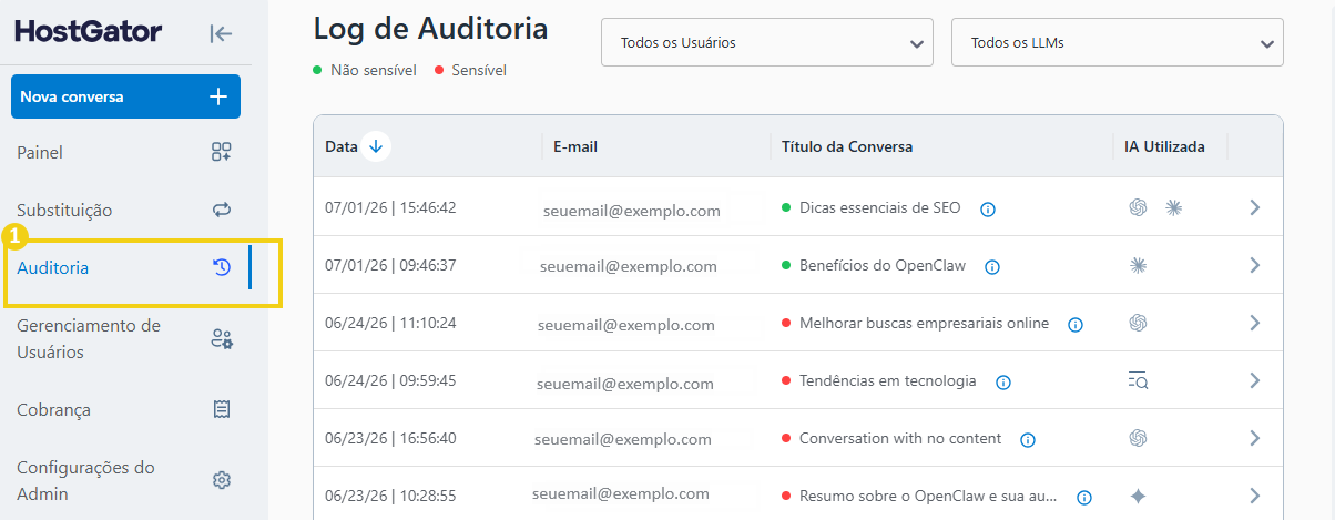 Imagem da tela de configuração da Auditoria 