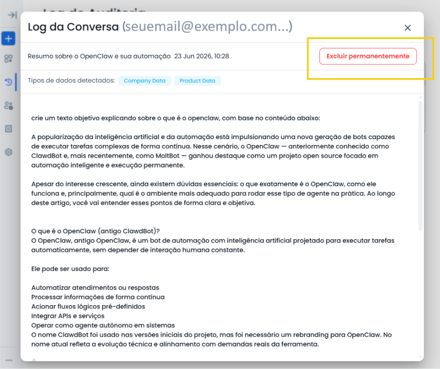 Imagem destacando opção de exclusão permanente no log da conversa