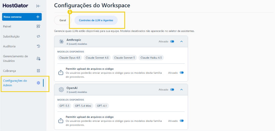 Imagem destaca tela para configuração de LLM e agentes do AllPass