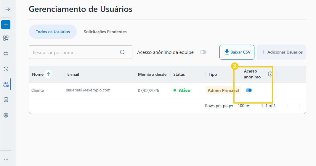 Imagem destaca botão para habilitar função do modo anônimo no AllPass