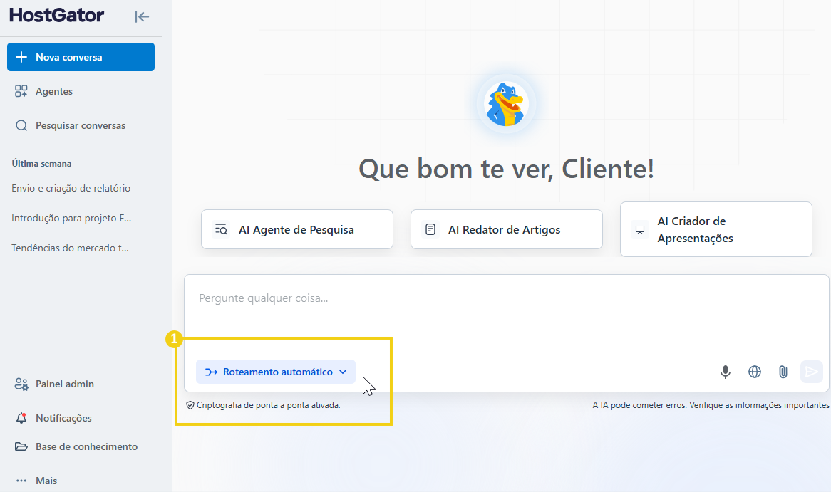 Imagem da opção "Roteamento automático" na tela de conversa do AllPass