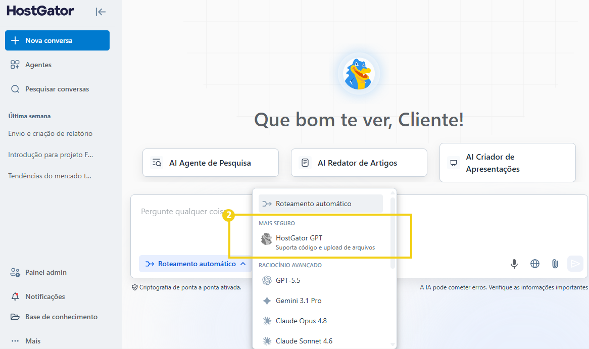 Imagem da opção HostGator GPT disponível no roteamento