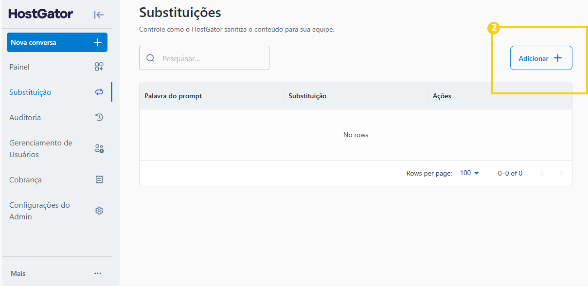 área de configuração do AllPass, destacando campo Adicionar +, para configuração de palavras chave