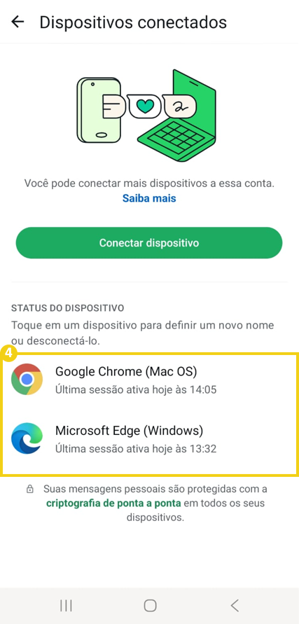Imagem mostra a tela do WhatsApp com os dispositivos conectados