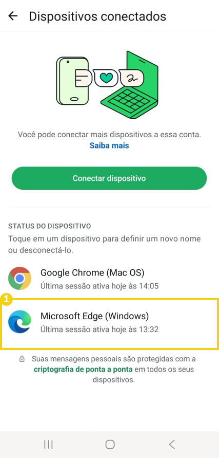 Imagem mostra a tela do WhatsApp com os dispositivos conectados, para remover o dispositivo desejado