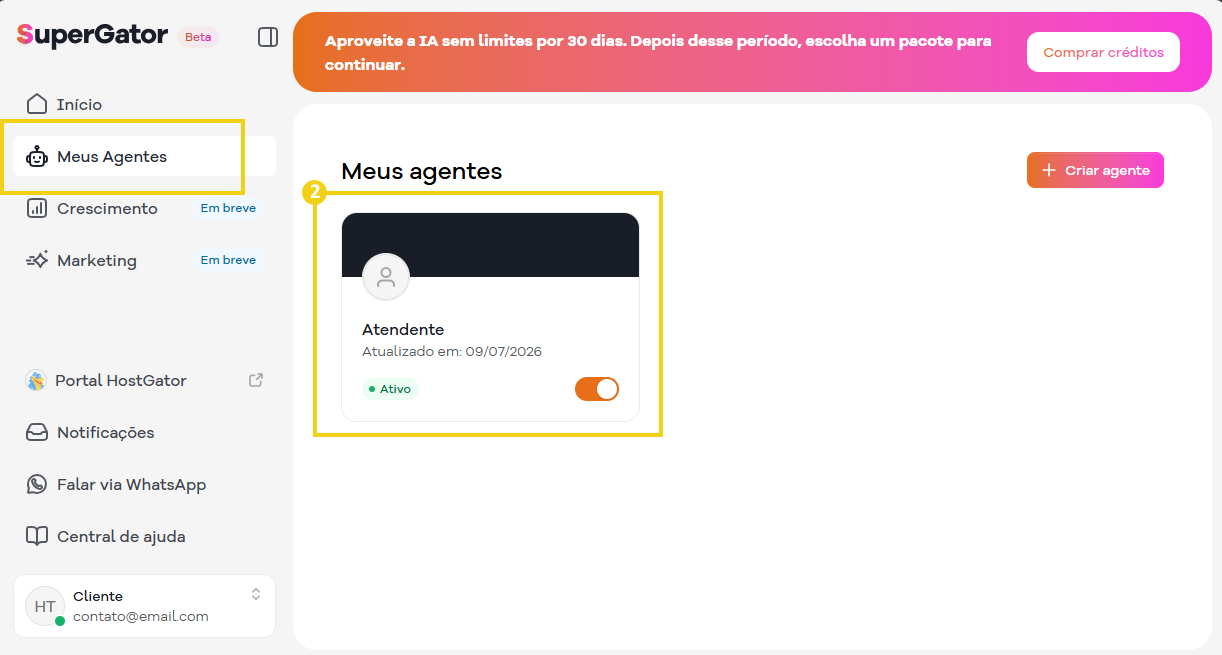 Tela do painel de gerenciamento de agentes com destaque para a opção Meus agentes, onde um agente chamado Gliolina está ativo, na plataforma SuperGator, voltada para automação de atendimento ao cliente.