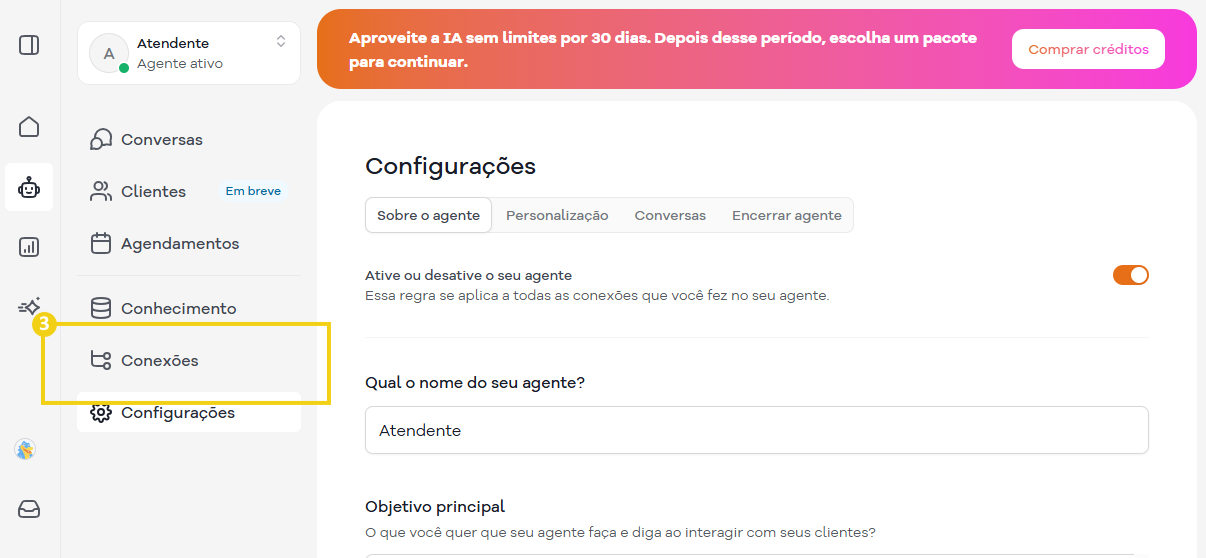 Imagem mostra a tela do Agente de IA com o menu lateral sinalizado a opção de "Conexões"