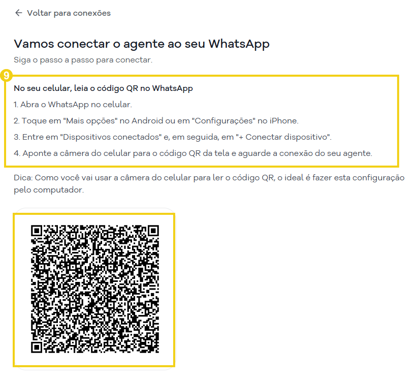 Imagem mostra o QR Code gerado e as instruções para configurar no WhatsApp