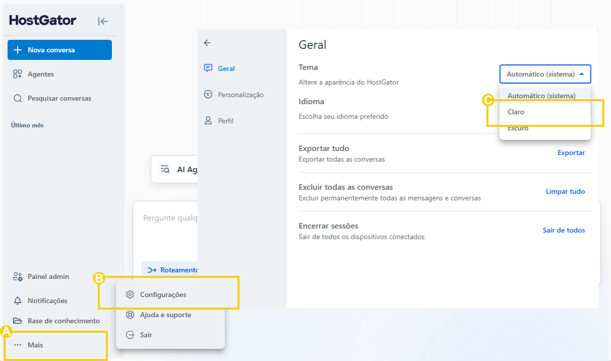 Imagem mostra o fluxo de acesso para configurar o tema claro da plataforma
