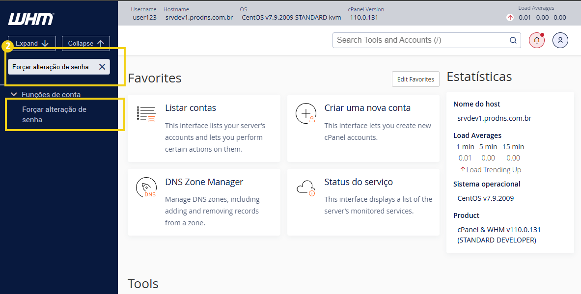 Tela do WHM (WebHost Manager) com painel de ferramentas e seção de configurações de conta, destacando a opção “Forçar alteração de senha” e atalhos para listagem de contas, DNS Zone Manager e status do serviço.