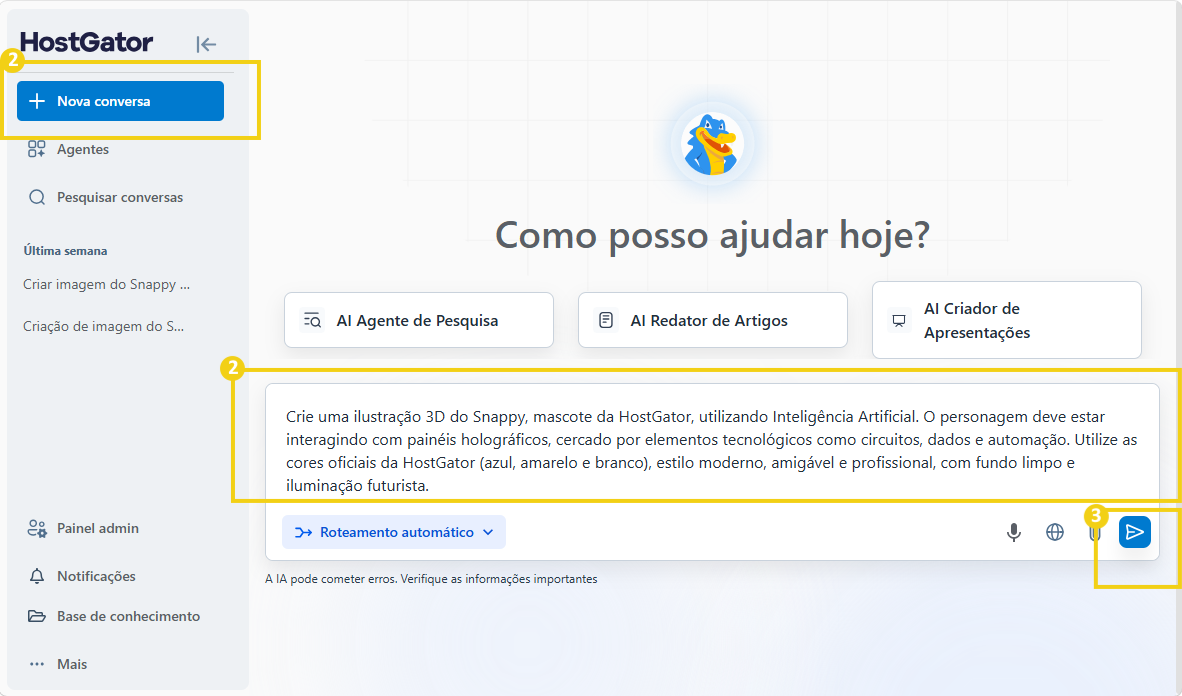 Imagem mostra o painel do AllPass com a marcação na tela principal para iniciar uma conversa com o prompt escrito e a marcação no botão para enviar a solicitação
