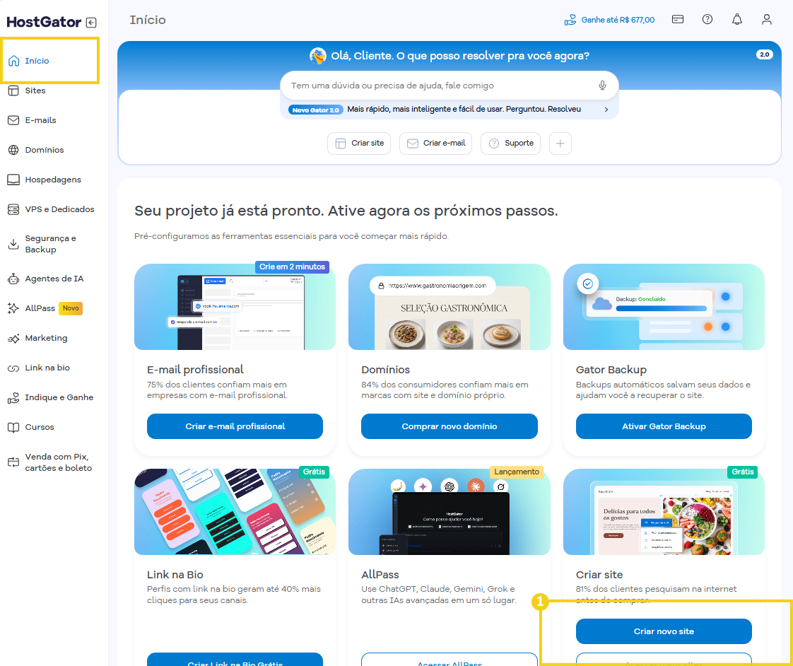 Imagem mostra a tela do Portal do Cliente com a marcação no botão "Criar site"