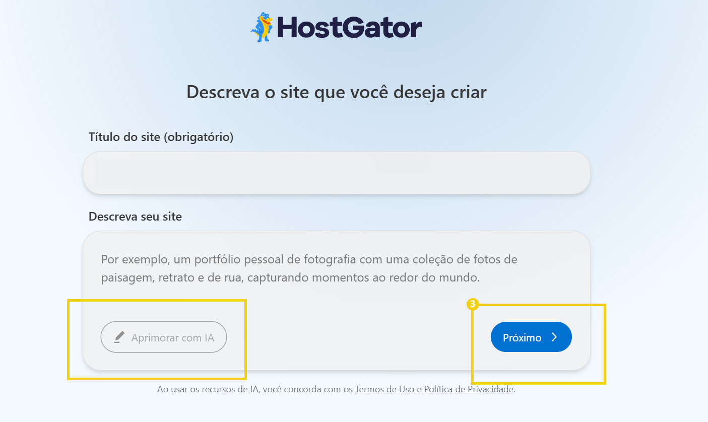 Imagem mostra a tela para aprimorar a descrição com IA e o sinalizado o botão "Próximo"