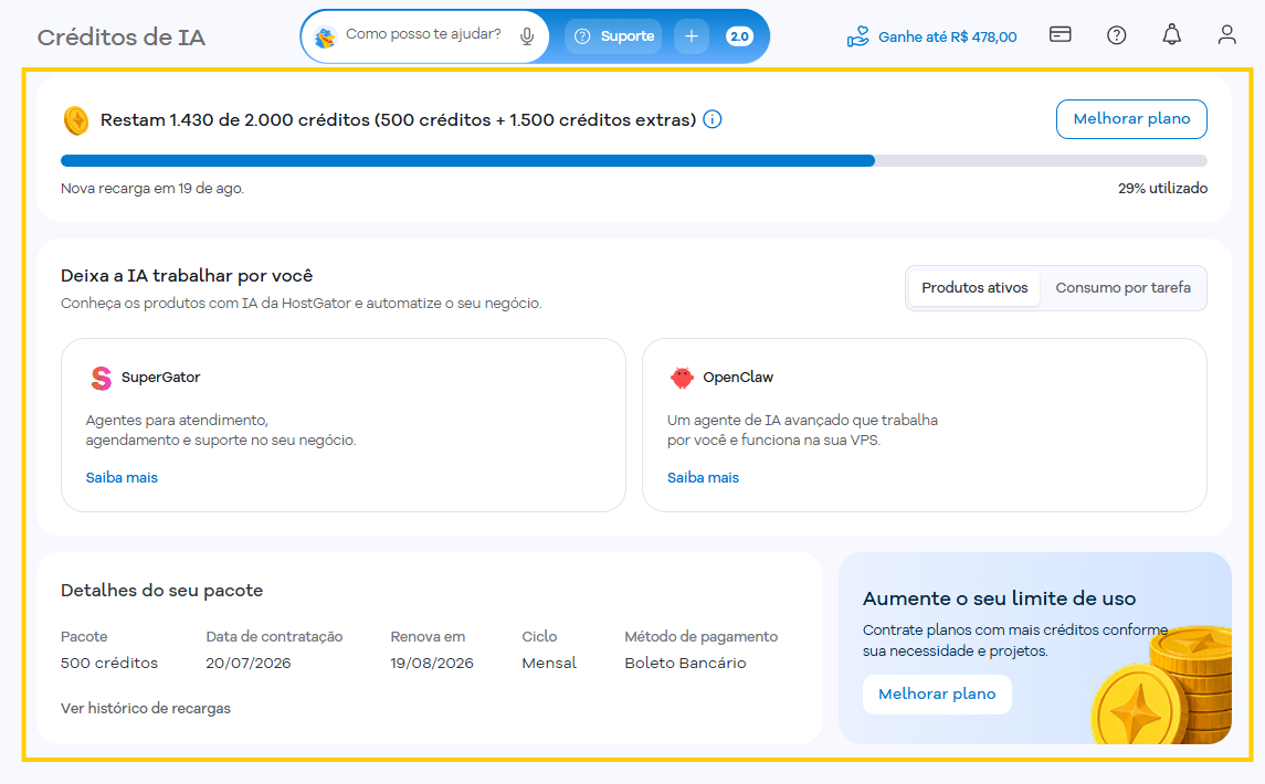Imagem mostra a tela do Portal do Cliente na área dos Créditos de IA com as opções disponíveis para visualizar e gerenciar