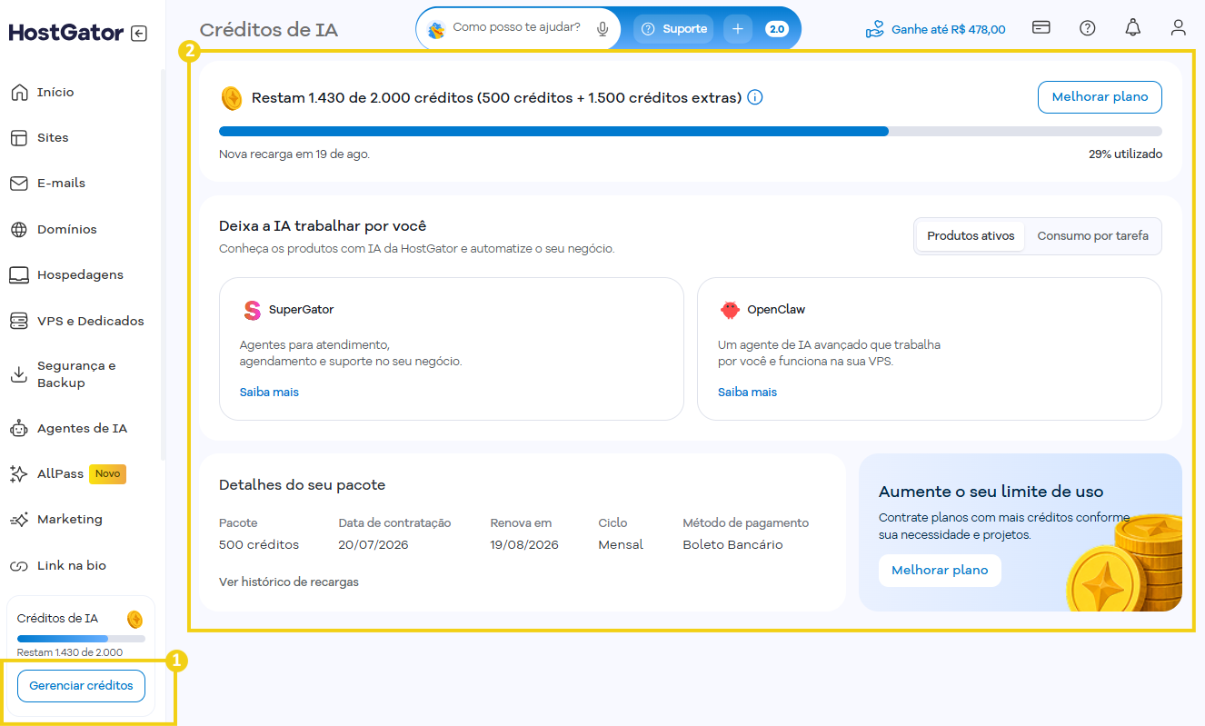 Imagem mostra a tela do Portal do Cliente com marcação no botão "Gerenciar créditos" e a tela de gerenciamento