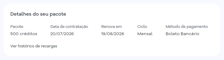 Imagem mostra a seção que apresenta as informações do pacote contratado