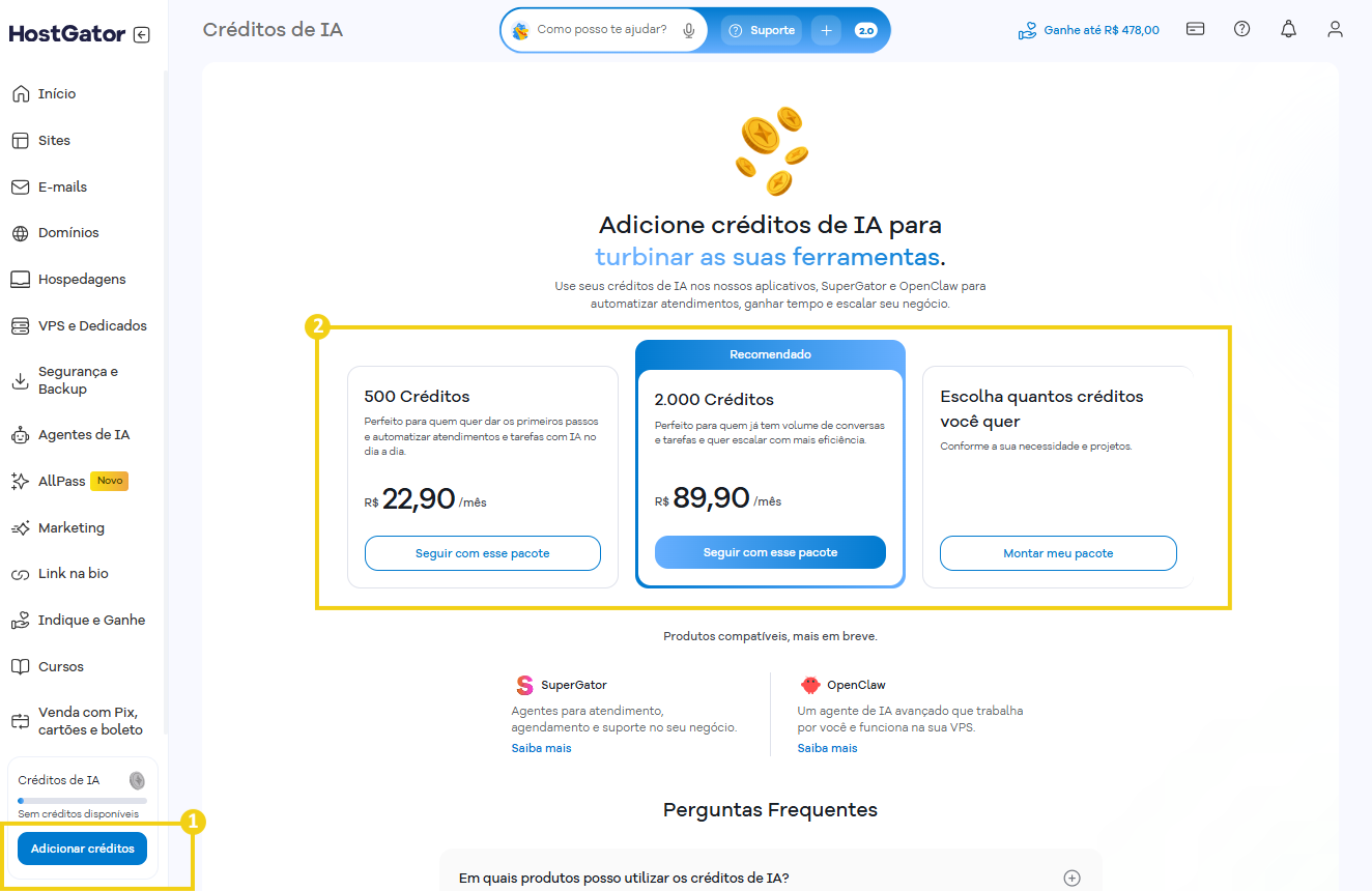 Imagem mostra a tela do Portal do Cliente com a oferta de pacotes de IA para contratação