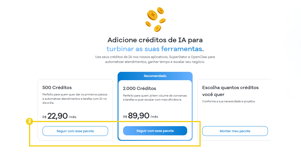 Imagem mostra a tela do Portal do Cliente com a marcação nos botões dos pacotes relacionados a contratação