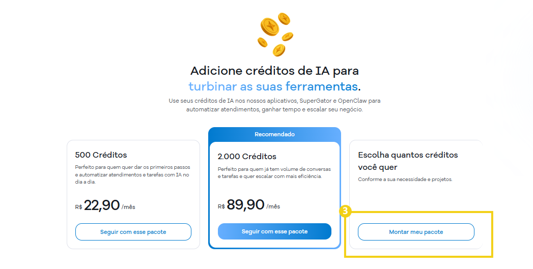 Imagem mostra a tela do Portal do Cliente com a marcação nos botões do pacote relacionados a contratação de créditos avulsos